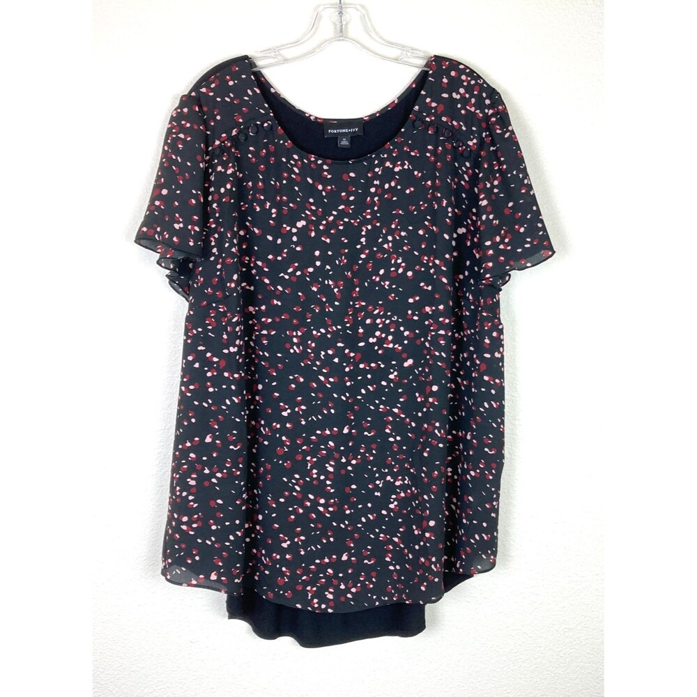 Fortune + Ivy Women's Tunic Top Size 2X Black Red Tan Flutter Sleeve